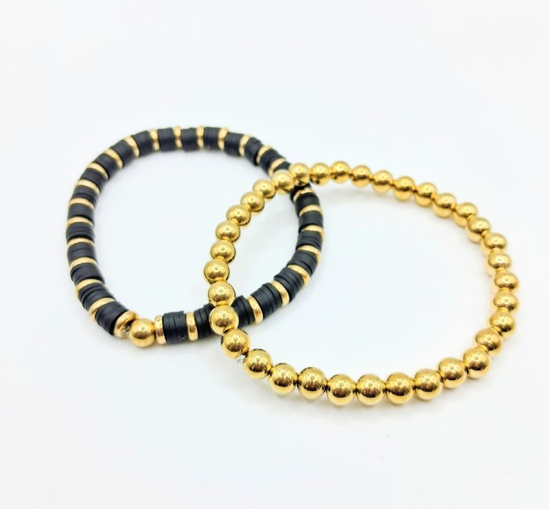 Handmade Black & White Silicone Mix Gold Bead Bracelets Pack of 4