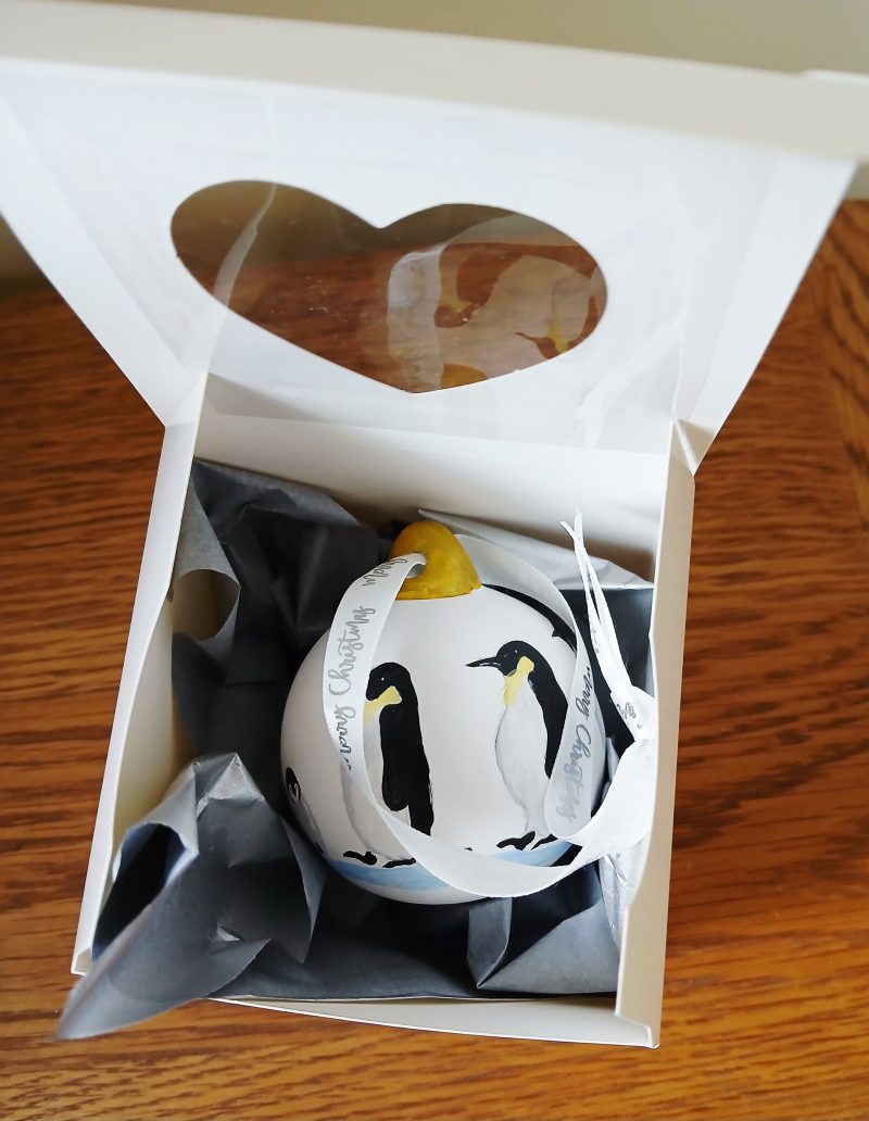 Penguin Handpainted Christmas bauble, available with gift box