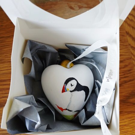 Hand-Painted Ceramic Puffin Bauble with 'I Puffin Love You' Message