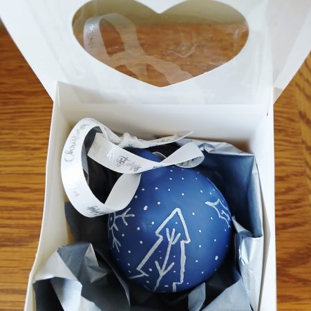 Handpainted Blue Ceramic Christmas Bauble with Nordic Designs, made to order