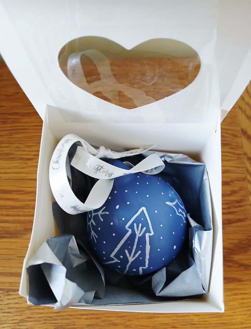 Handpainted Blue Ceramic Christmas Bauble with Nordic Designs, made to order