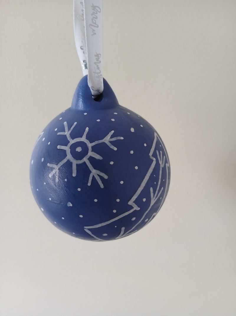 Handpainted Blue Ceramic Christmas Bauble with Nordic Designs, made to order