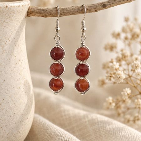 Carnelian Triple Drop Earrings – Handmade 8mm Crystal Earrings