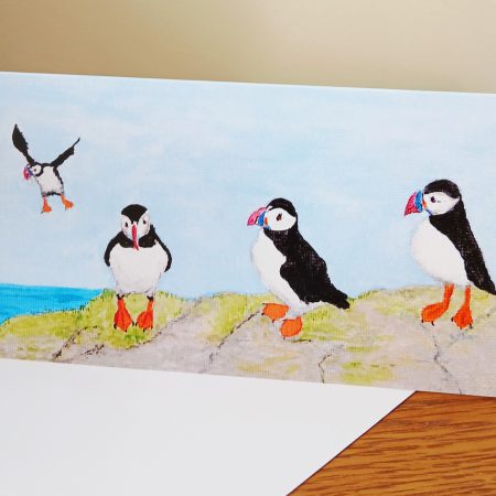 Handmade Puffins on a Cliff Greetings Card, 21cm x 10cm