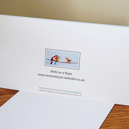 Birds on a Rope Card with Robin, Blue Tit and Wren, 21cm x 10cm