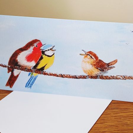 Birds on a Rope Card with Robin, Blue Tit and Wren, 21cm x 10cm