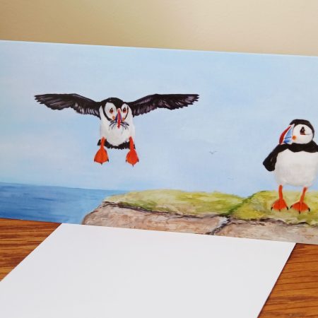 Greetings Card Featuring Puffins on a Cliff, Blank Inside 21cm x 10cm