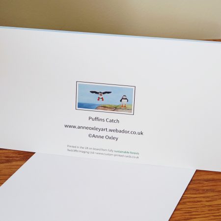 Greetings Card Featuring Puffins on a Cliff, Blank Inside 21cm x 10cm