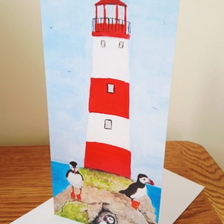 Handmade Greetings Card Featuring Puffins and Lighthouse Painting 21cm x10cm
