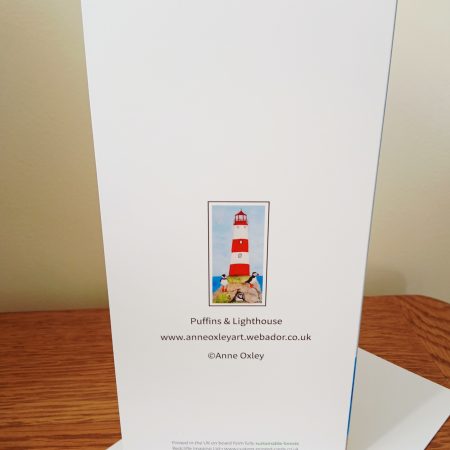 Handmade Greetings Card Featuring Puffins and Lighthouse Painting 21cm x10cm