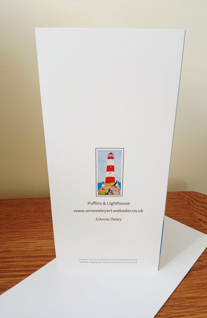 Handmade Greetings Card Featuring Puffins and Lighthouse Painting 21cm x10cm