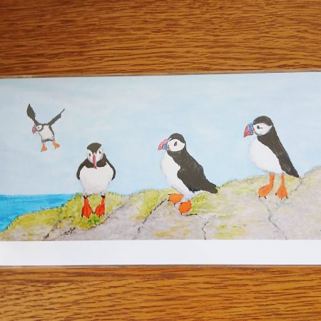 Handmade Puffins on a Cliff Greetings Card, 21cm x 10cm