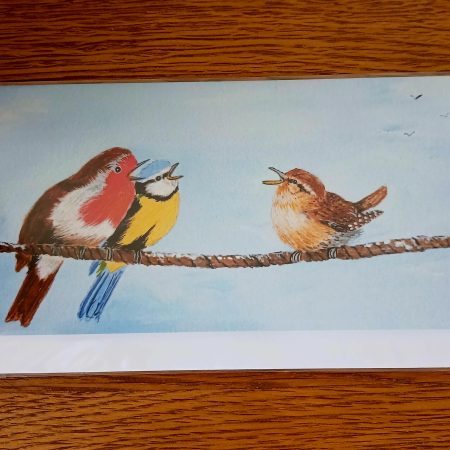 Birds on a Rope Card with Robin, Blue Tit and Wren, 21cm x 10cm
