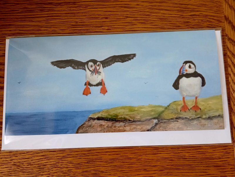 Greetings Card Featuring Puffins on a Cliff, Blank Inside 21cm x 10cm