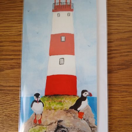Handmade Greetings Card Featuring Puffins and Lighthouse Painting 21cm x10cm