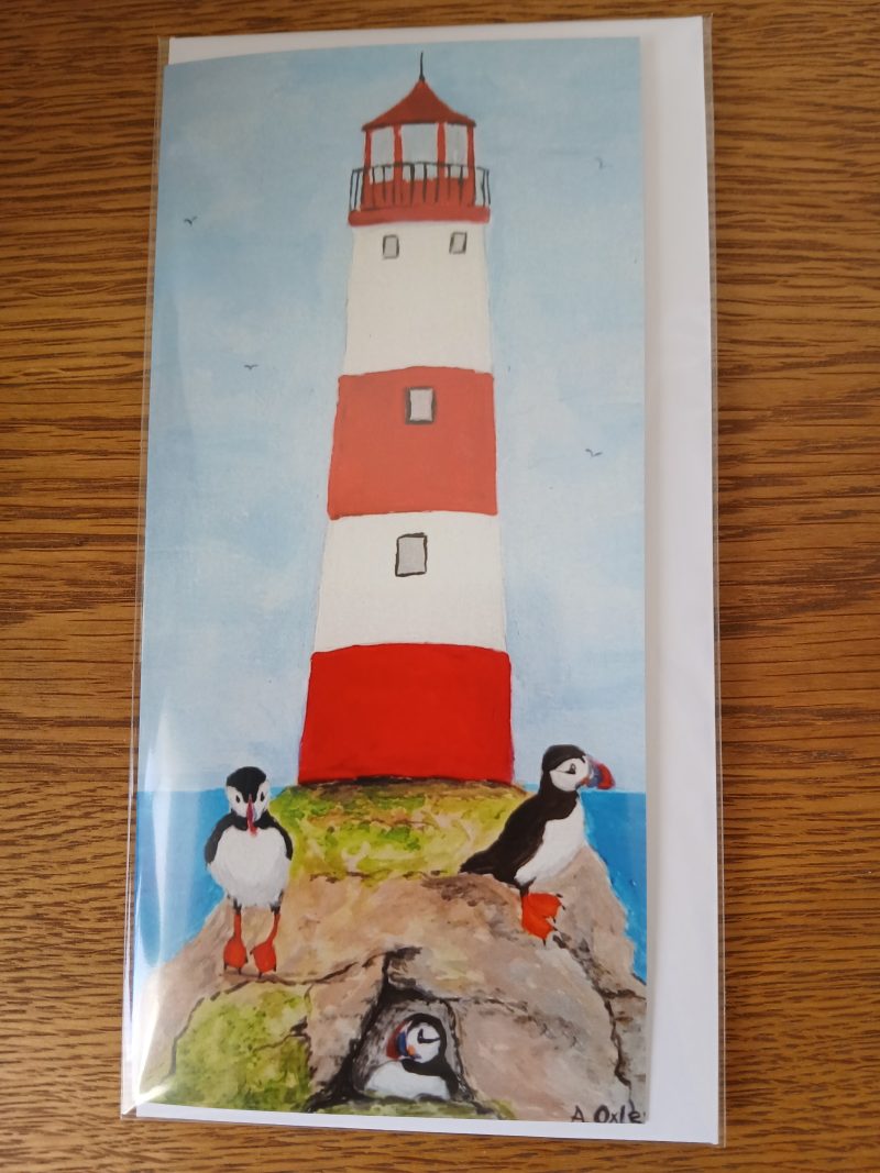 Handmade Greetings Card Featuring Puffins and Lighthouse Painting 21cm x10cm