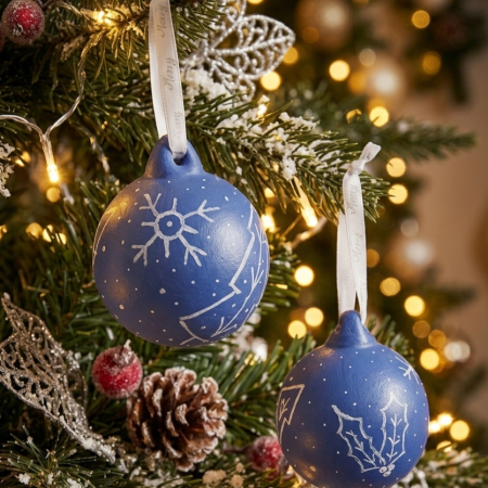 Handpainted Blue Ceramic Christmas Bauble with Nordic Designs, made to order