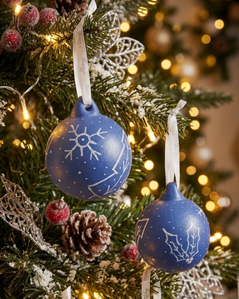 Handpainted Blue Ceramic Christmas Bauble with Nordic Designs, made to order