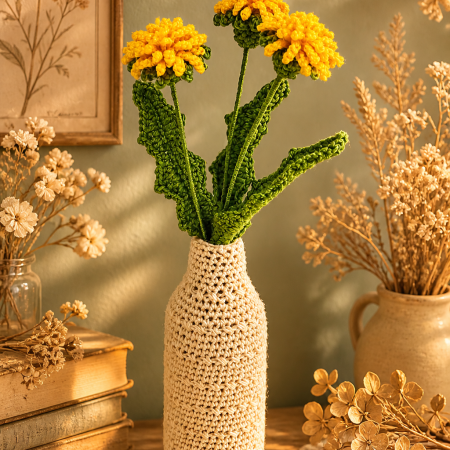 Three crochet dandelion flowers arranged together as a handmade bouquet