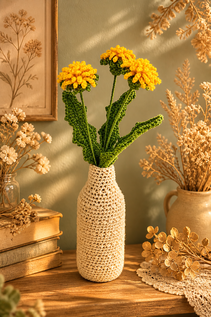 Three crochet dandelion flowers arranged together as a handmade bouquet