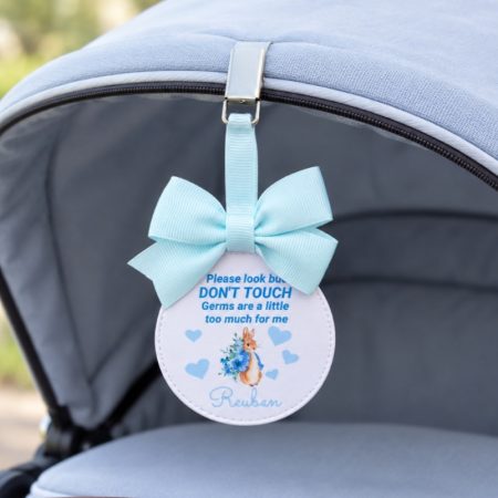 Personalised Peter Rabbit Pram Charm, Please Don't Touch Your Germs Are Too Big For Me Pram Tag