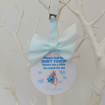 Personalised Peter Rabbit Pram Charm, Please Don't Touch Your Germs Are Too Big For Me Pram Tag