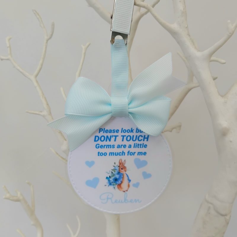 Personalised Peter Rabbit Pram Charm, Please Don't Touch Your Germs Are Too Big For Me Pram Tag