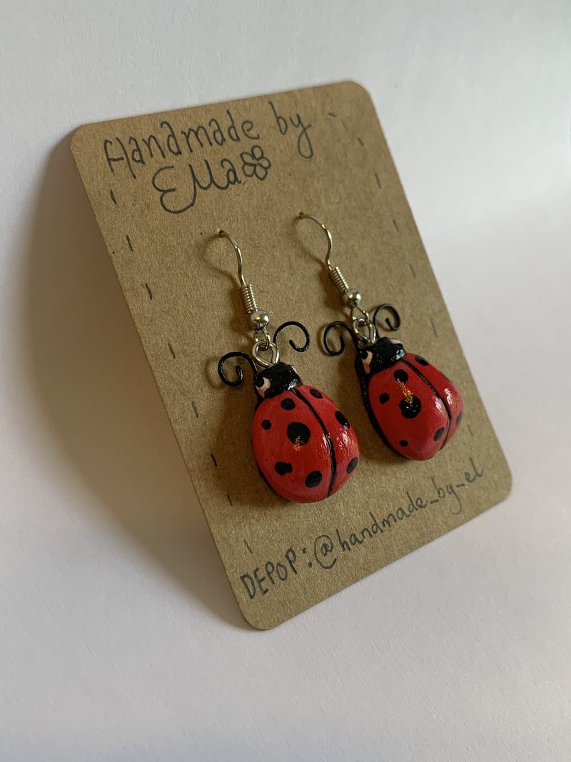 Hand-sculpted and painted red spotted ladybird earrings with stainless steel hooks