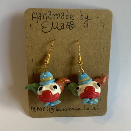 Hand-sculpted and painted clown earrings with gold tone stainless steel hooks