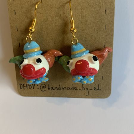 Hand-sculpted and painted clown earrings with gold tone stainless steel hooks