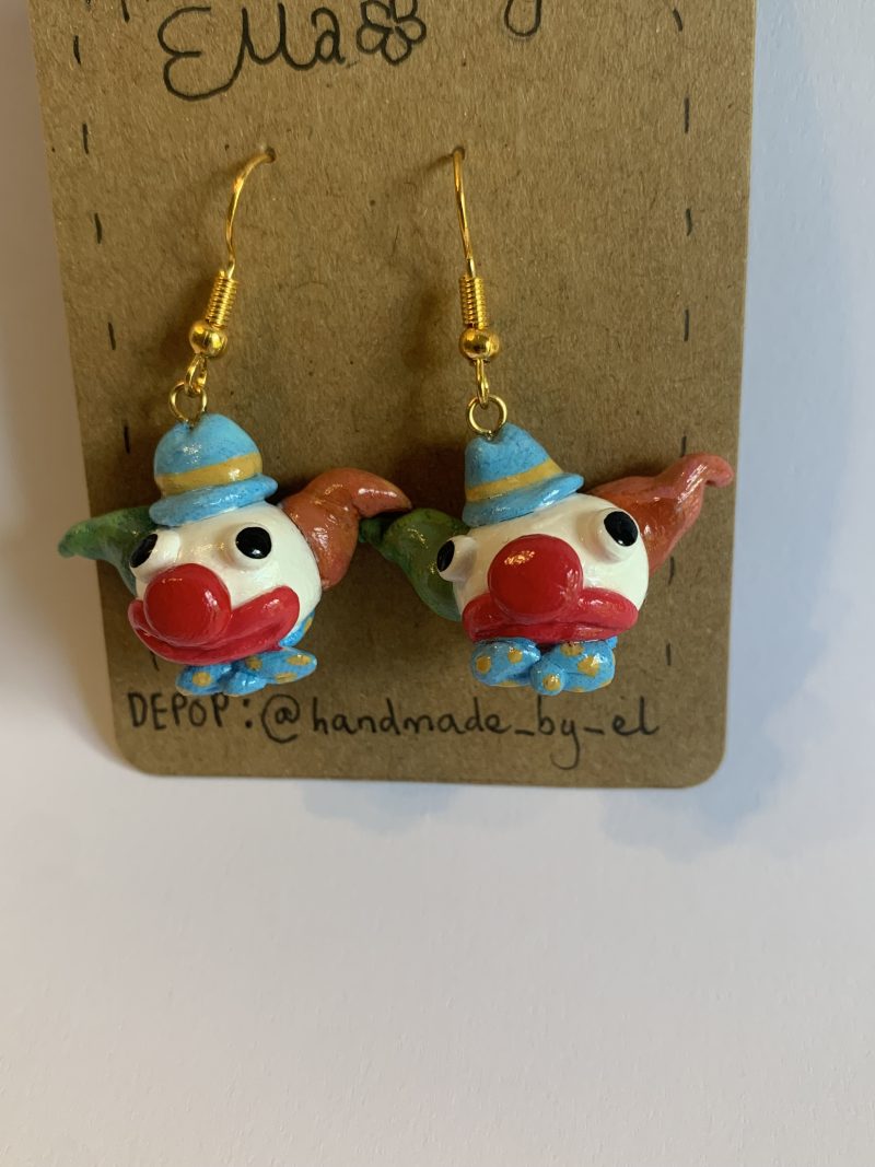 Hand-sculpted and painted clown earrings with gold tone stainless steel hooks