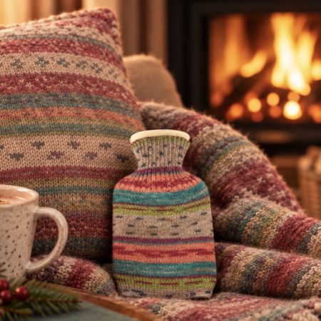 Pocket-Sized Hot Water Bottle with Soft Hand-Knitted Wool Cover (yarn design Clematis)