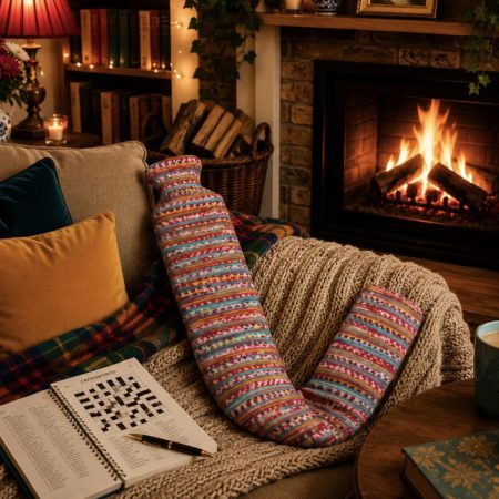 Extra long hot water bottle with hand crafted cover (yarn design Thelma)
