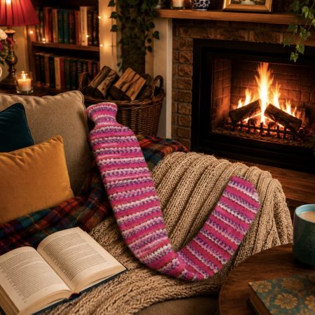 Extra long hot water bottle with hand crafted woollen cover (yarn design Claire)