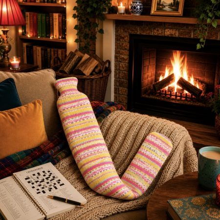 Extra long hot water bottle with hand crafted woollen cover ( yarn design Princess)