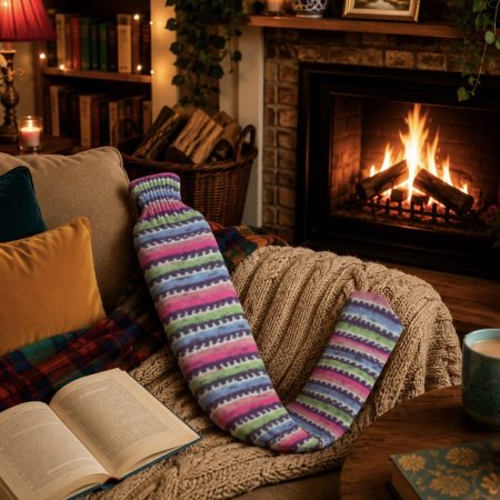 Extra long hot water bottle with hand crafted woollen cover (yarn design sunny)