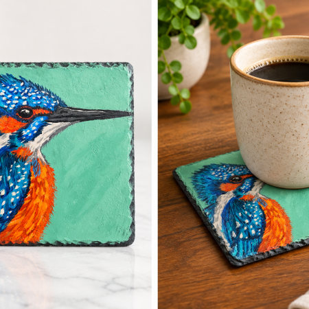 Hand-painted Kingfisher slate coaster