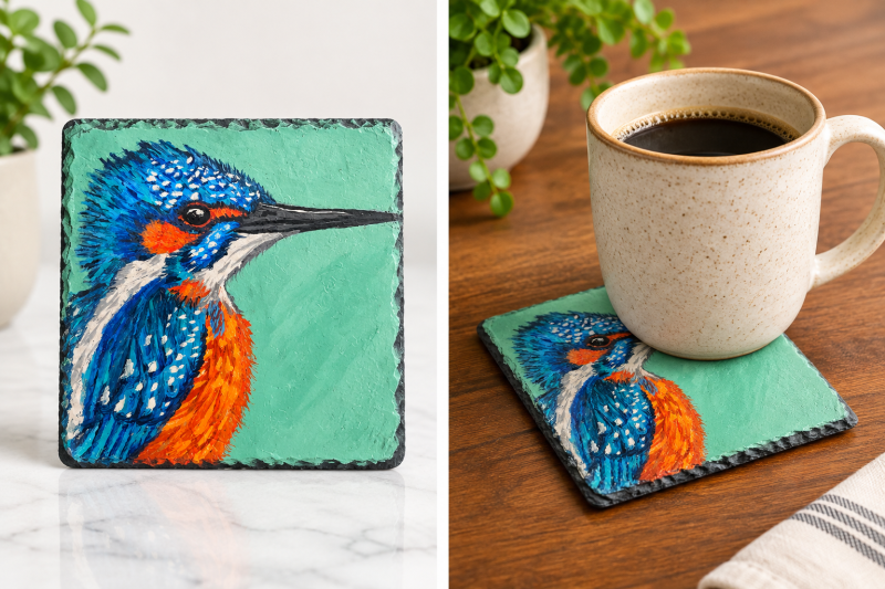 Hand-painted Kingfisher slate coaster