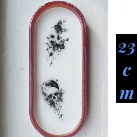 Handmade 23cm White Resin Skull Trinket Tray with Red Outline