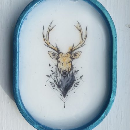 14cm White Trinket Tray with Stag Decal and Blue Resin Outline