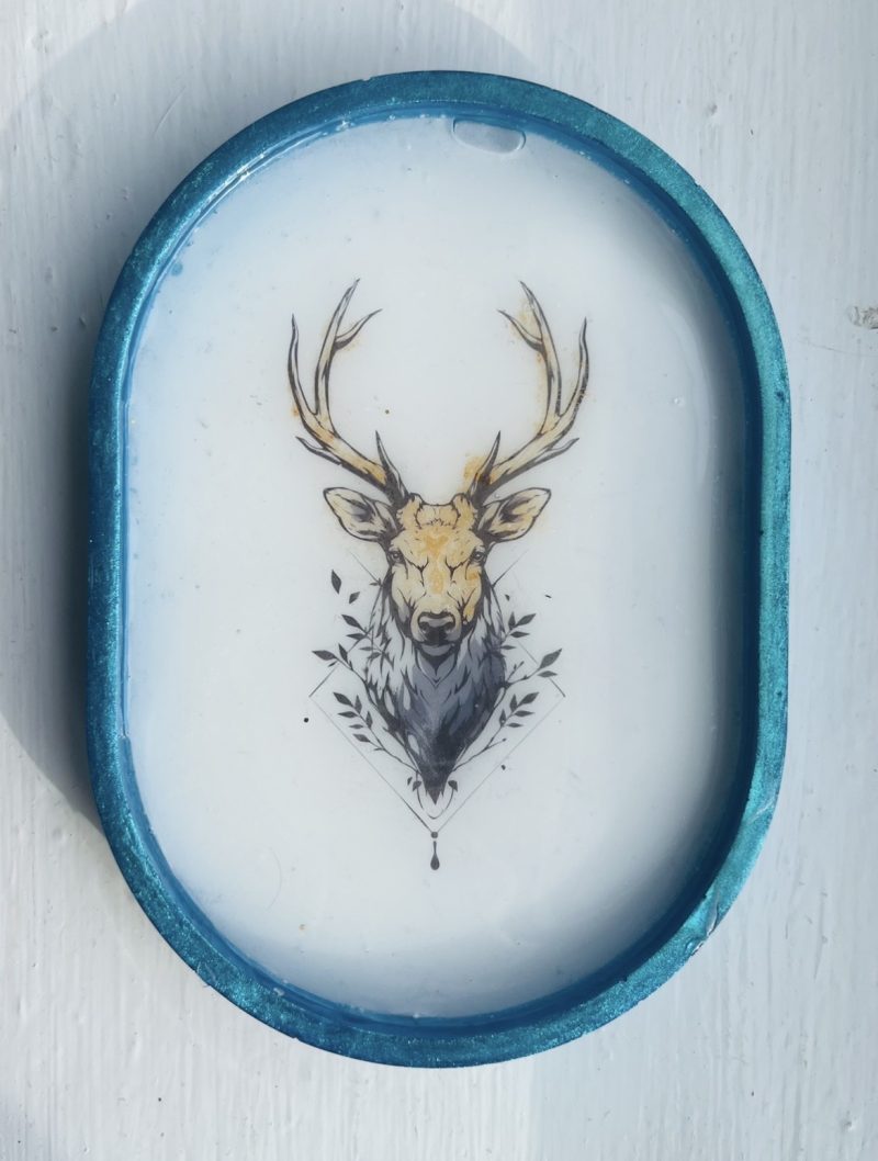 14cm White Trinket Tray with Stag Decal and Blue Resin Outline