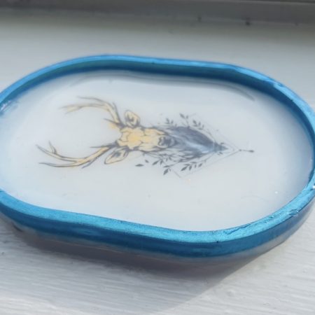 14cm White Trinket Tray with Stag Decal and Blue Resin Outline