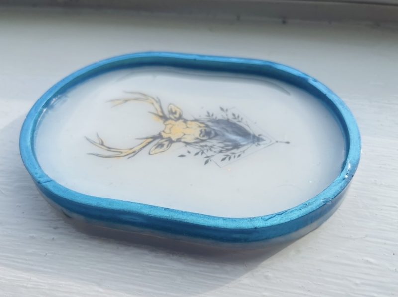 14cm White Trinket Tray with Stag Decal and Blue Resin Outline
