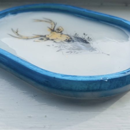 14cm White Trinket Tray with Stag Decal and Blue Resin Outline