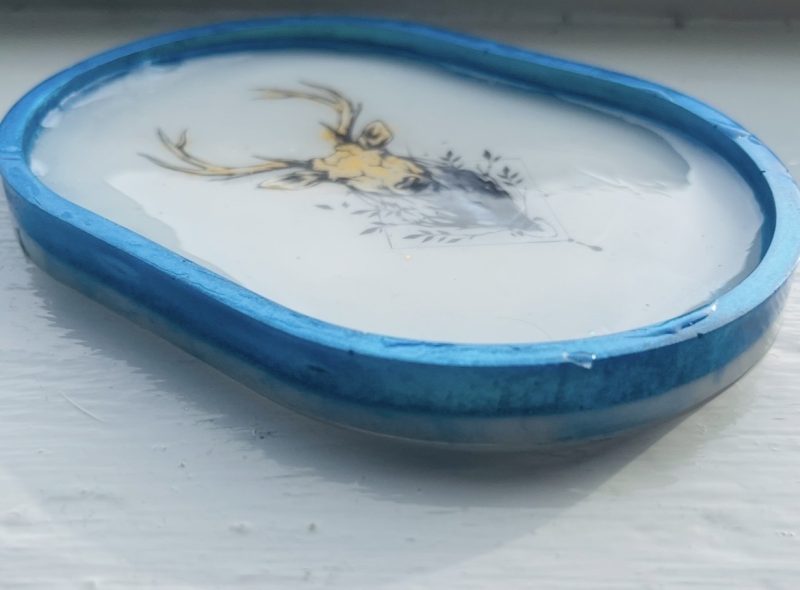 14cm White Trinket Tray with Stag Decal and Blue Resin Outline