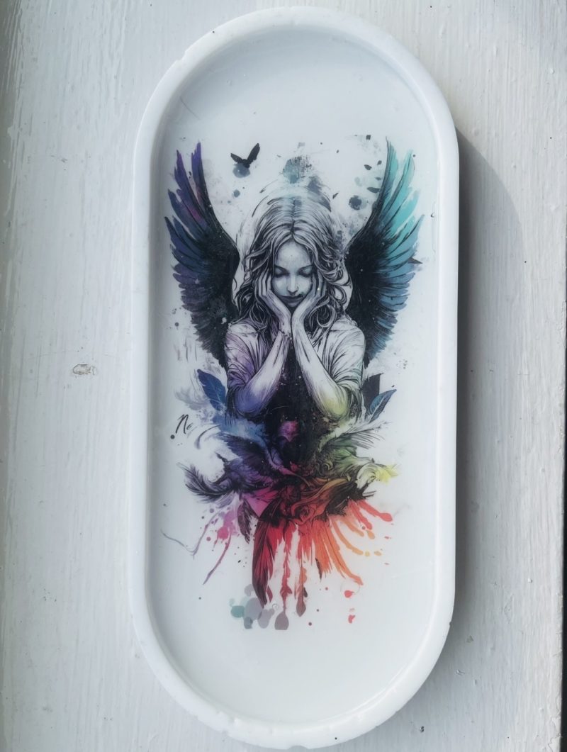 Handmade White Resin Trinket Tray with Angel Decal, 23cm