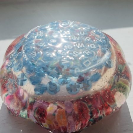 Handmade Flower Tealight Holder with Resin and Blue Alphabet Letters