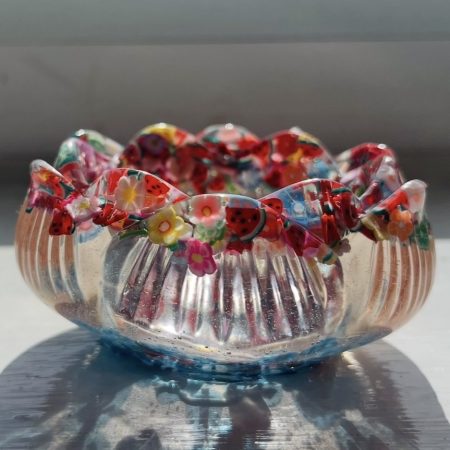 Handmade Flower Tealight Holder with Resin and Blue Alphabet Letters