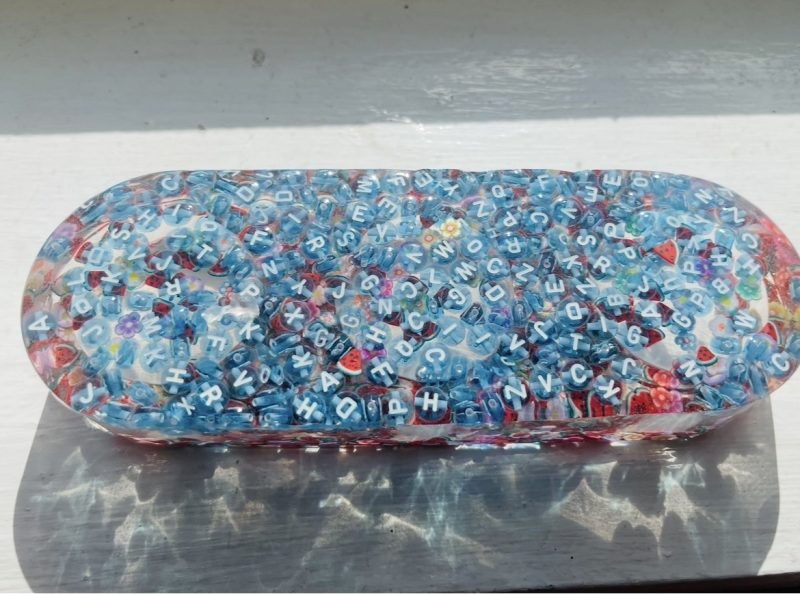 Handmade Triple Tealight Holder with Clear Resin and Blue Letters