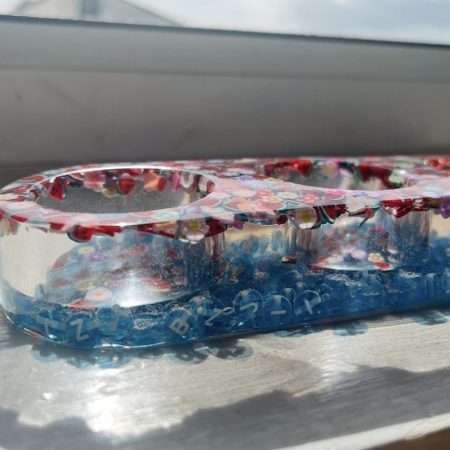 Handmade Triple Tealight Holder with Clear Resin and Blue Letters